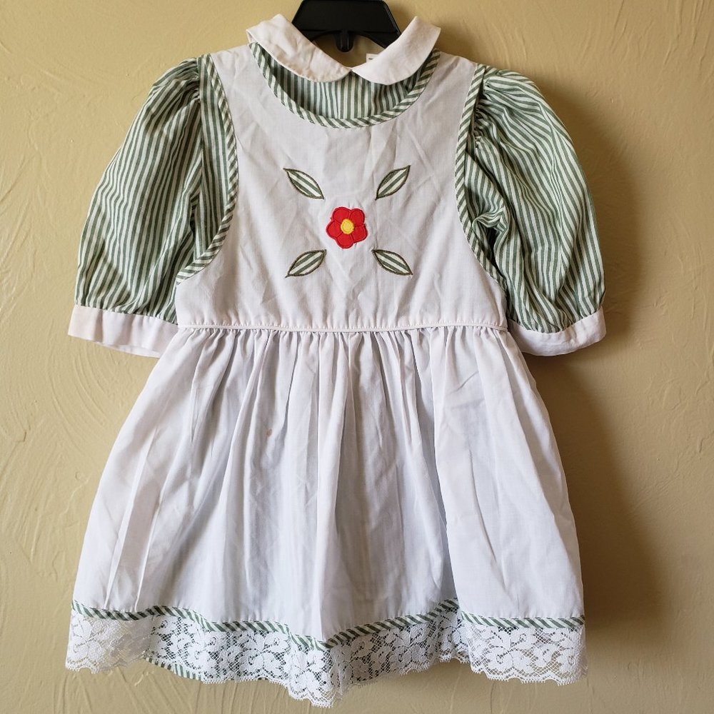 Vintage Alyssa 2 Piece Green Striped Apron Dress, Size 5T